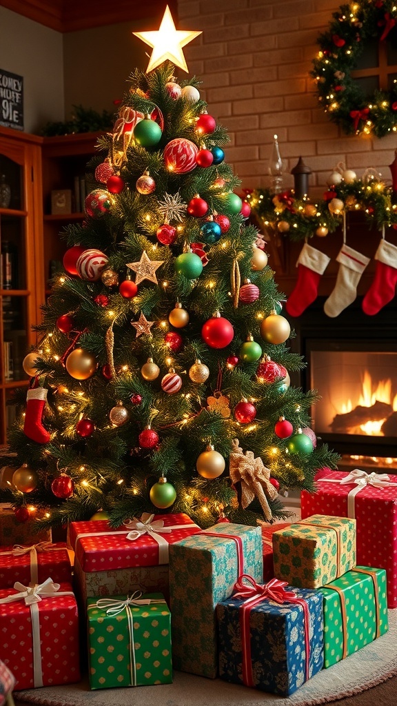 A decorated Christmas tree with gifts and a cozy fireplace.